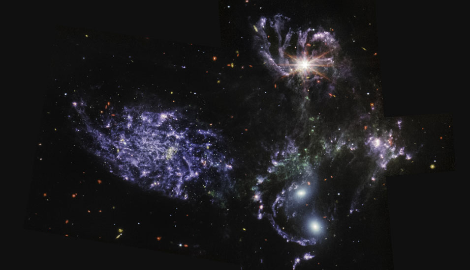 "Stephan’s Quintet", eine Gruppe von fünf Galaxien. "Dieses riesige Mosaik ist die größte Aufnahme von Webb bislang", wie die Nasa mitteilt.