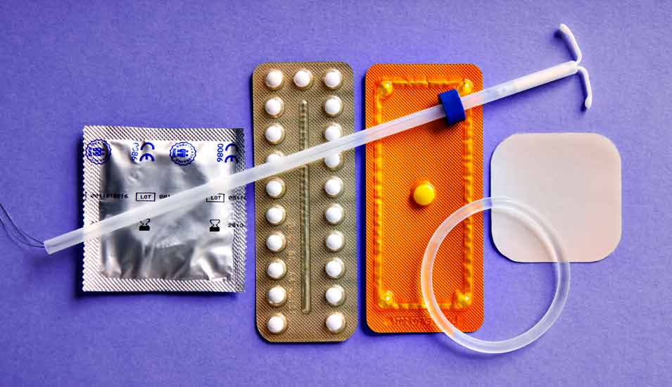 Verschiedene Verhütungsmittel: Kondom, Anti-Baby-Pille, Pille danach, Spirale, Verhütungsring und Verhütungspflaster