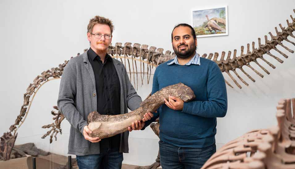 Ingmar Werneburg (links) und Omar Rafael Regalado Fernandez (rechts) halten einen Oberschenkel des Tuebingosaurus maierfritzorum. 
