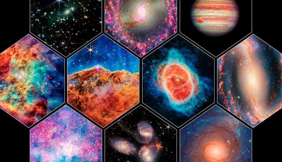 Collage aus mehreren Fotos, die das James Webb Space Telescope aufgenommen hat