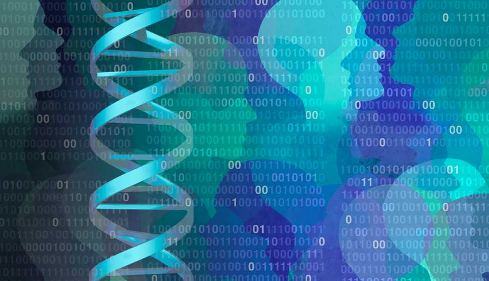 Symbolbild für genetische Vielfalt: ein DNA-Strang, binäre Daten und Silhouetten von Menschen