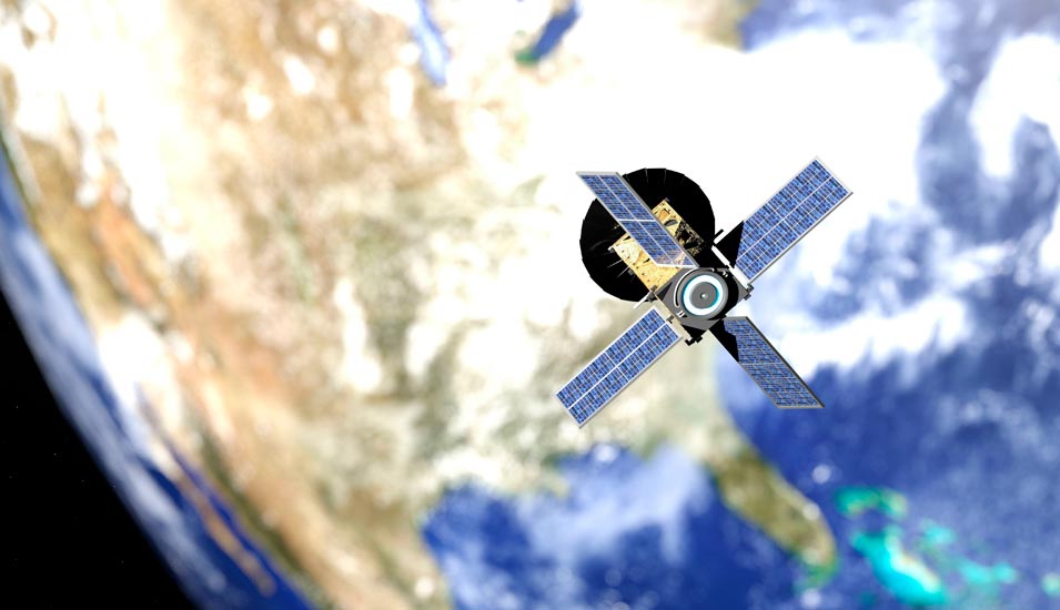 3D-Illustration eines CubeSat-Minisatelliten im Weltall