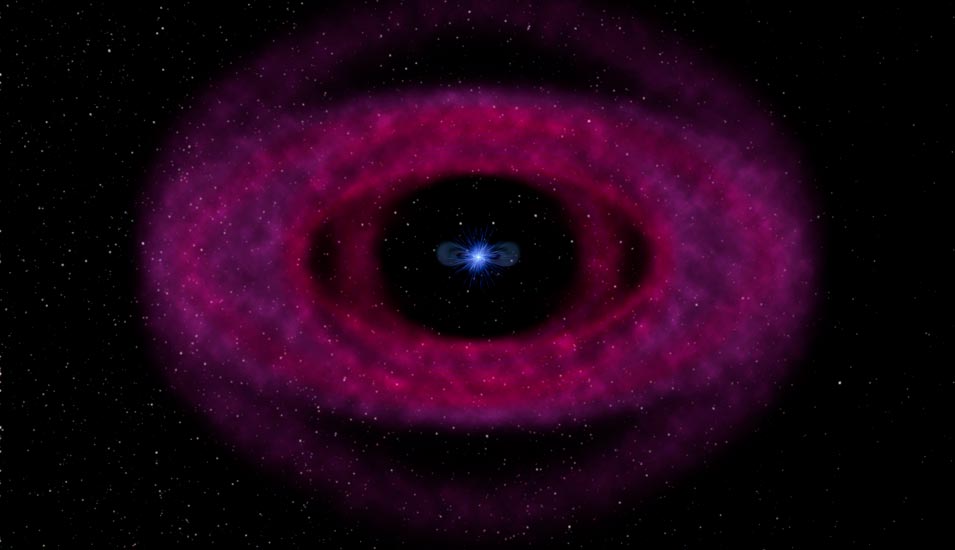 Illustration eines Planetennebels nach der Explosion eines Sternes. In der Mitte übrig bleibt ein sogenannter Weißer Zwerg.