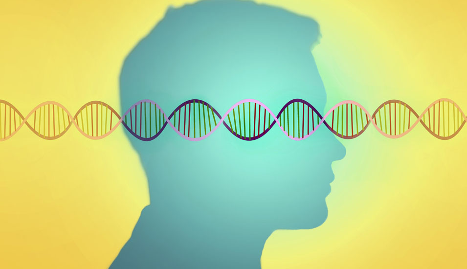 Zeichnung vom Kopf eines Mannes hinter einem DNA-Strang