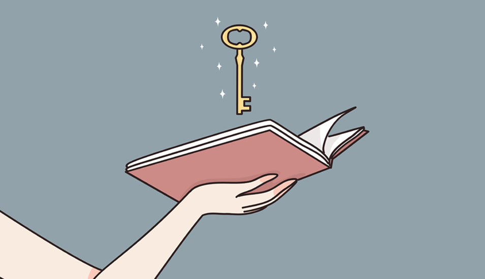 Die Zeichnung eines Armes, der ein Buch in die Höhe hält. Darüber schwebt ein Schlüssel.