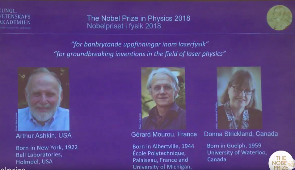 Die Gewinner des Physik-Nobelpreises 2018: Arthur Ashkin (USA), Gérard Mourou (Frankreich) und Donna Strickland (Kanada).