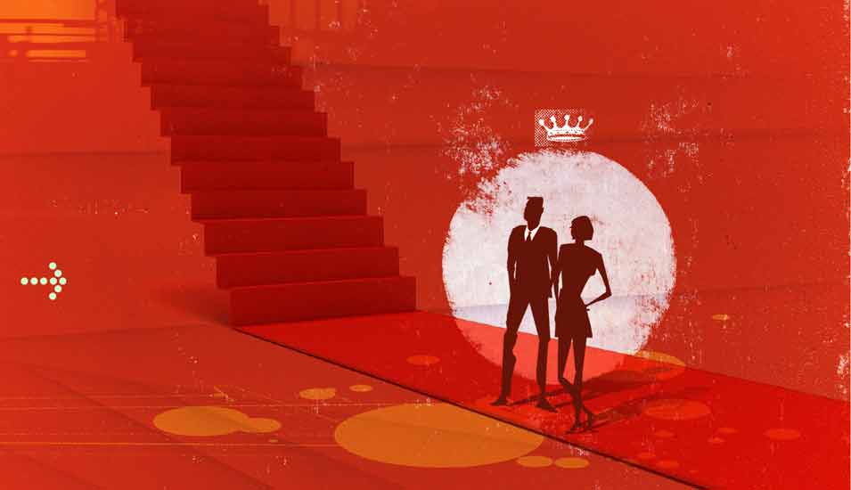 Illustration des Recruitings: Silhouetten einer Frau und eines Mannes mit Krone im Scheinwerferlicht vor einer Treppe
