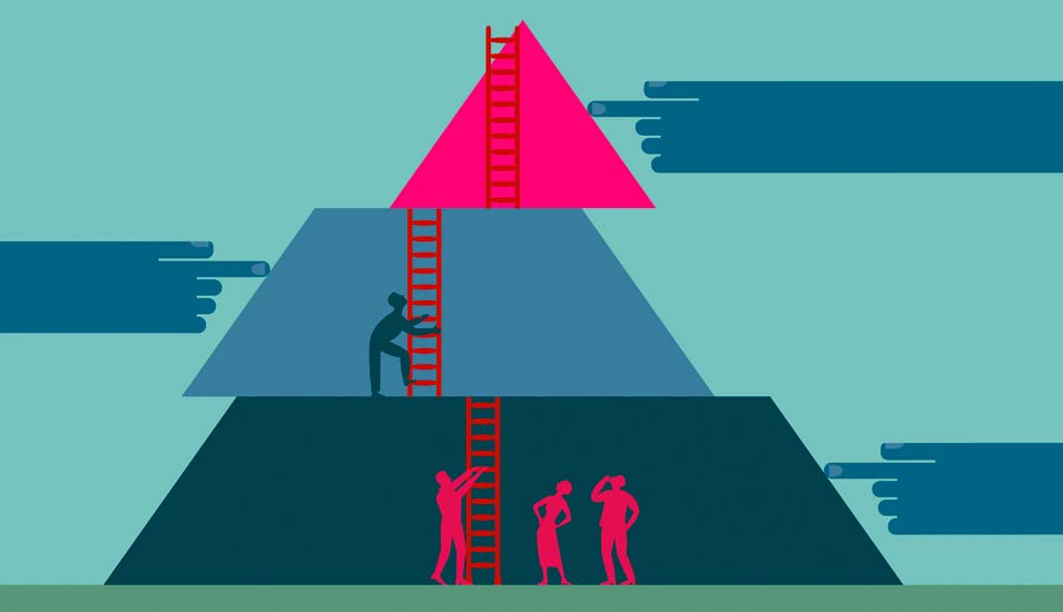 Illustration: Helfende Hände bewegen Leitern für Personen zum Aufstieg auf eine Pyramide