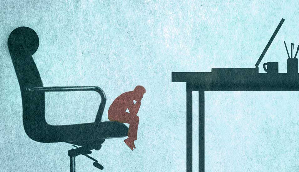 Illustration, die einen kleinen verzweifelten Menschen auf einem riesigen Bürostuhl zeigt.