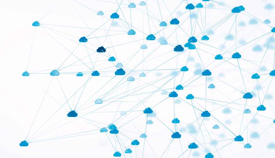 Illustration eines digitalen Netzwerks aus vielen blauen Wolken (Clouds)