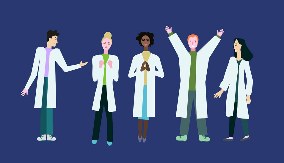 Illustration: Internationale Wissenschaftlerinnen und Wissenschaftler, die sich freuen.