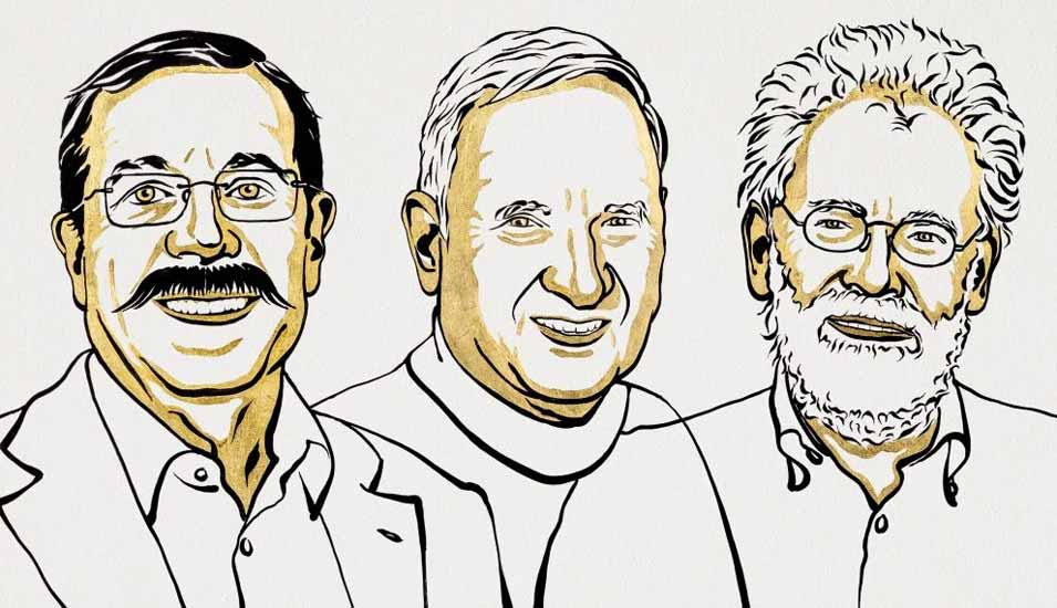 Illustration der Nobelpreisträger in Physik 2022: Alain Aspect, John F. Clauser und Anton Zeilinger.