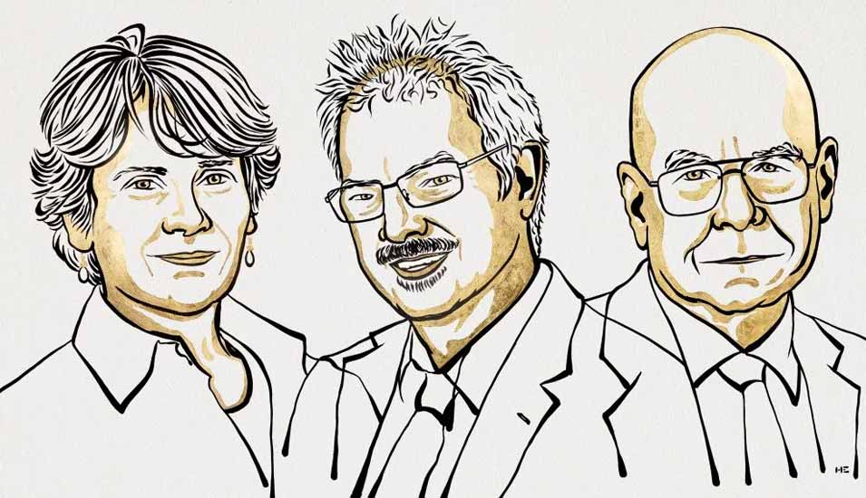 Illustration der Gewinner des Chemie-Nobelpreises 2022: Carolyn R. Bertozzi, Morten Meldal und K. Barry Sharpless.