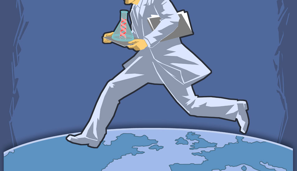 Illustration eines Wissenschaftlers, der über die Erde rennt und einen Kolben traägt.