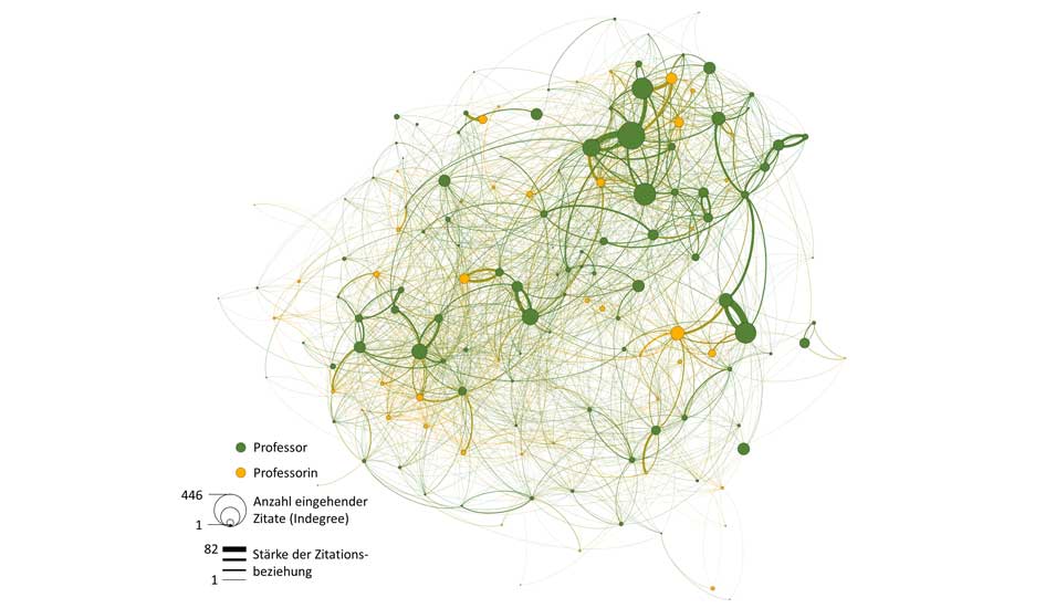 Grafik, dass die Zitationen unter den Professorinnen und Professoren der Humangeographie als Netzwerk darstellt.