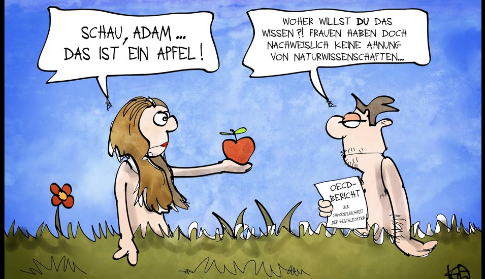 Cartoon von Eva und Adam, bei dem Eva einen Apfel überreicht und Adam anzweifelt, dass sie wegen ihrer mangelnden naturwissenschaftlichen Kenntnisse den Apfel überhaupt erkennen könne. 