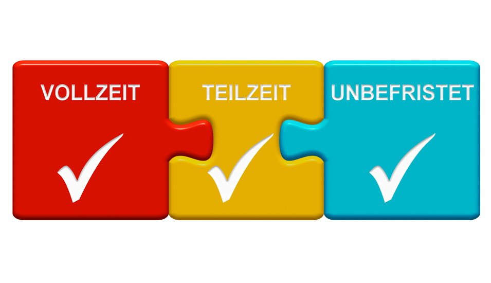 Drei Puzzleteile in rot, gelb und blau mit der Aufschrift "Vollzeit", "Teilzeit" und "Unbefristet". 