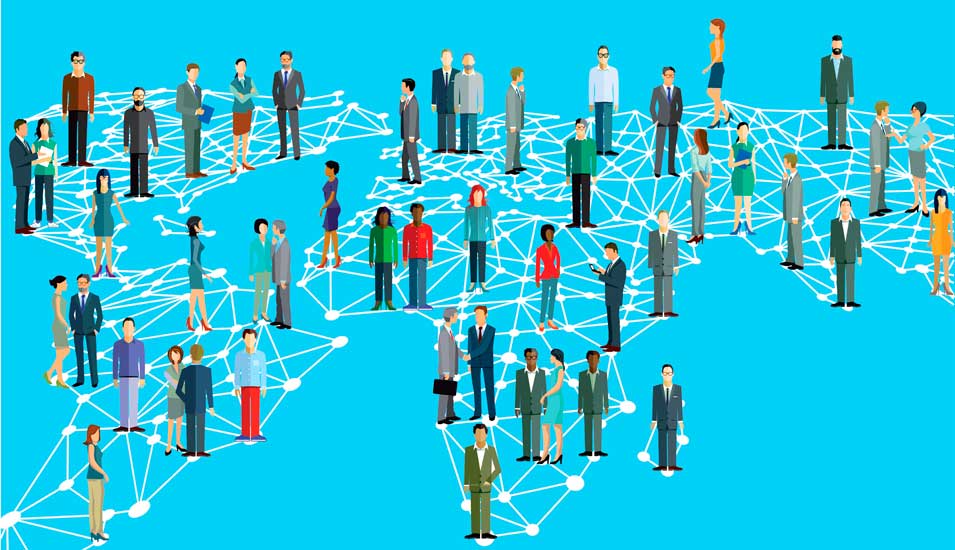 Illustration einer Weltkarte mit Menschen und Verbindungen