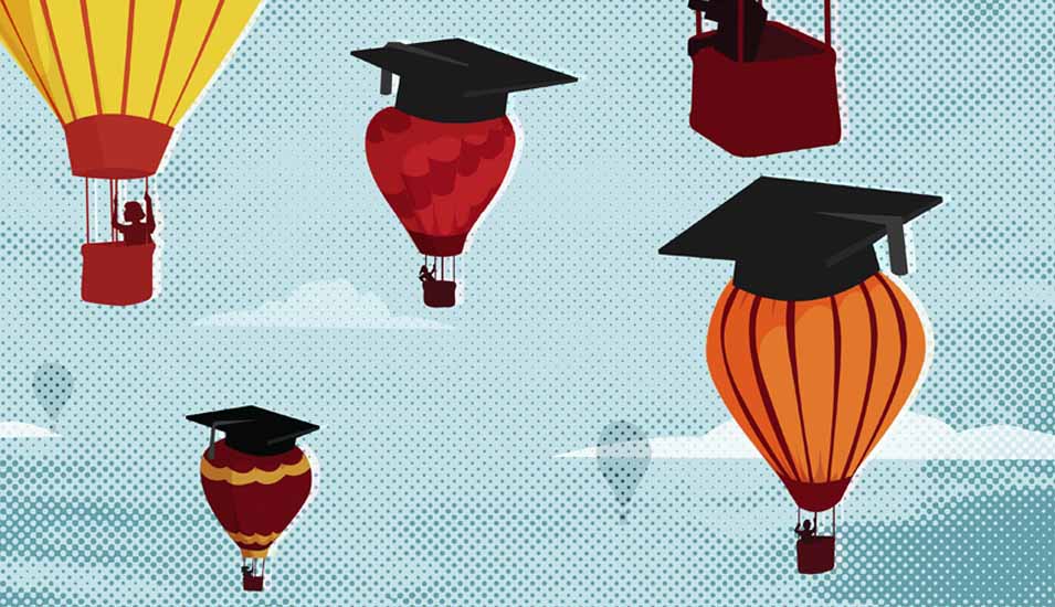 Eine Illustration von Heißluftballons mit Doktorhüten