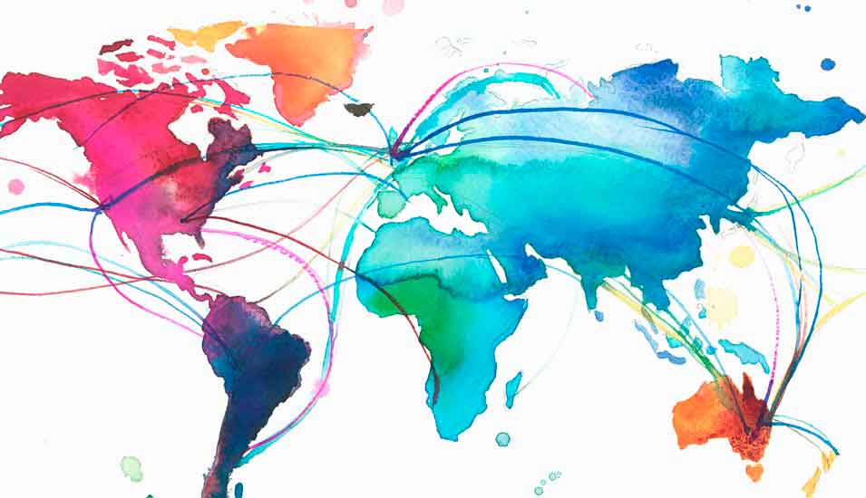 Eine bunte Weltkarte mit Verbindungen zwischen einzelnen Ländern