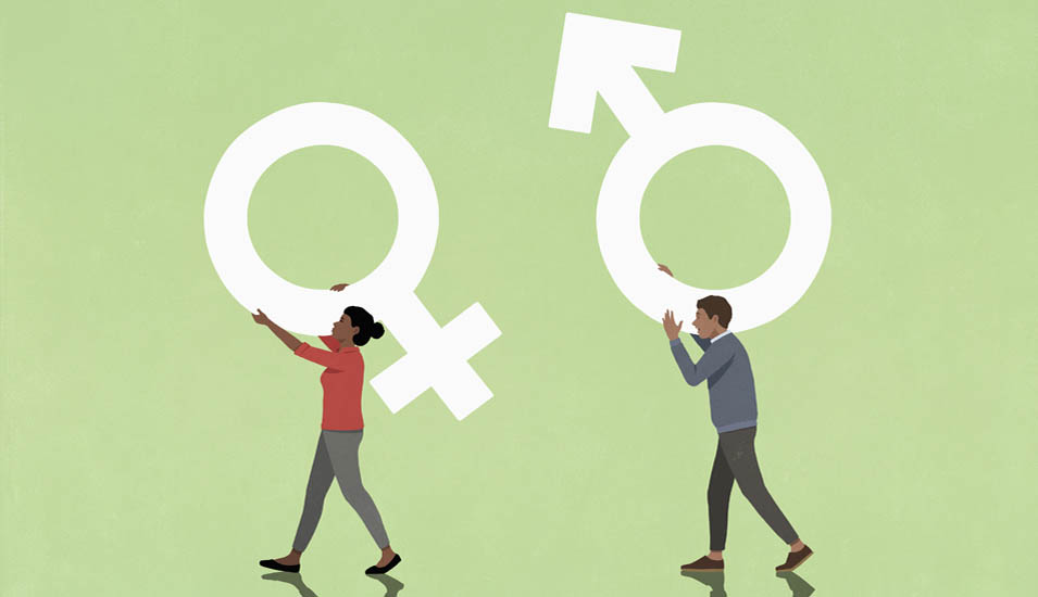 Illustration: Frau und Mann tragen ihre Geschlechtersymbole