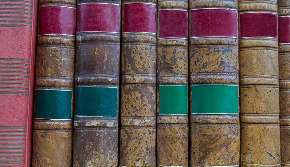 Einige antiquarische Bücher mit rot-grünem Buchrücken sind in einem Regal zu sehen. 