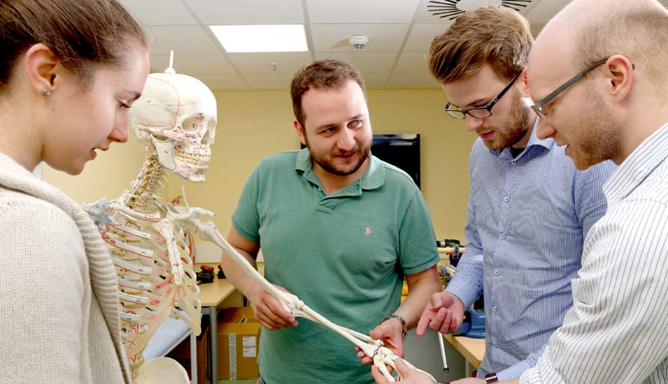 Medizin-Studenten stehen um ein Skelett herum