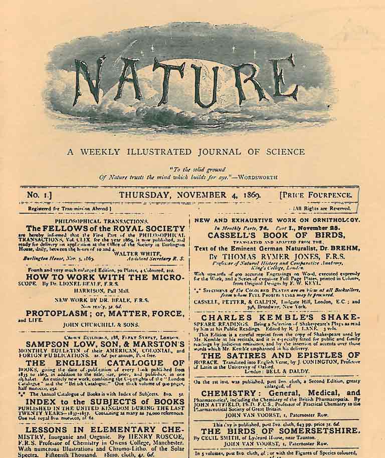Ausschnitt einer Seite aus der ersten Ausgabe von "Nature"