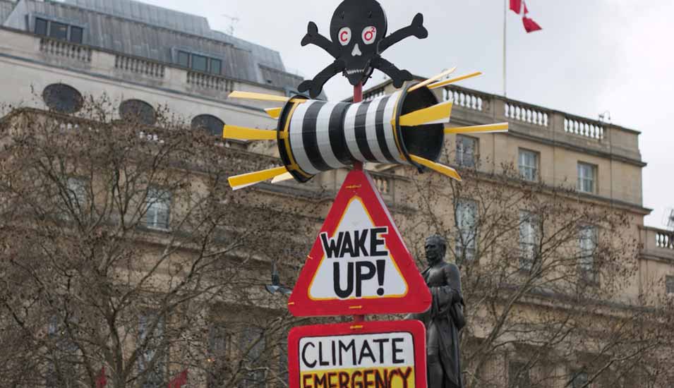 selbstgebastelte Warnschilder vor einem Klima-Notfall auf einer Demonstration