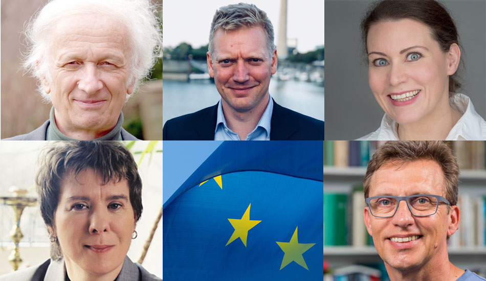 Die Gesichter mehrerer befragter Wissenschaftler und die Europäische Flagge