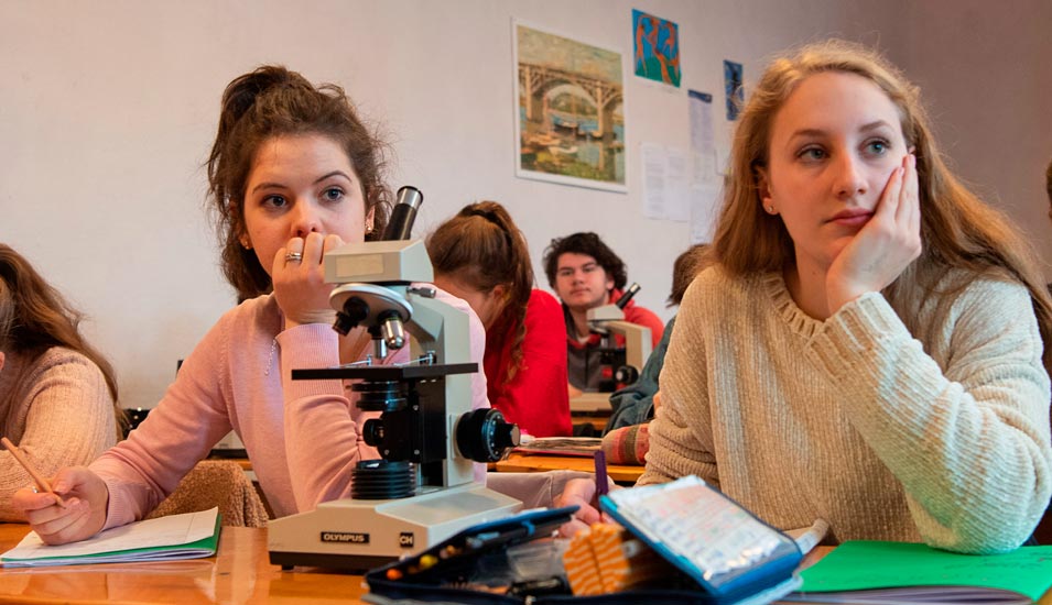 Schülerinnen und Schüler in einem Klassenraum der Freien Waldorfschule Uhlandshöhe in Stuttgart.