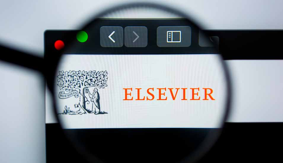 Lupe nimmt Fokus auf Logo des Elsevier-verlags auf dessen Webseite