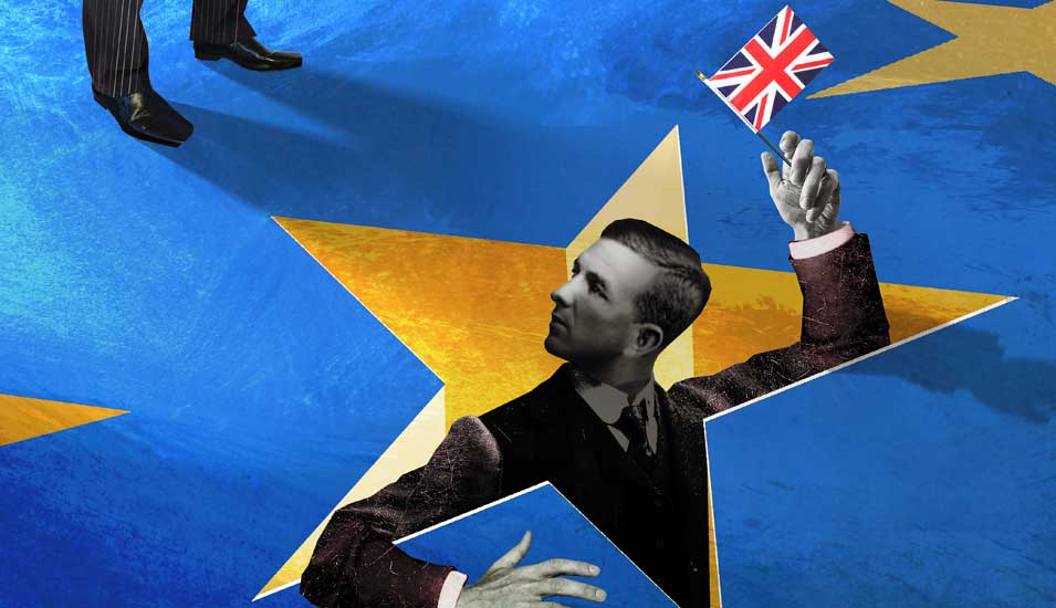 Illustration, ein Mann mit einem britischen Fähnchen steigt aus einem Stern auf blauem Grund.