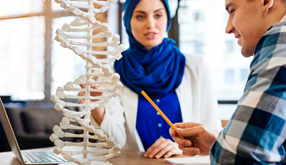 Forschende unterschiedlicher Herkunft besprechen ein DNA-Modell, die Frau im Hintergrund trägt einen Schleier.
