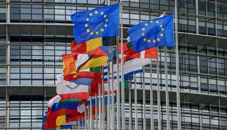 Verschiedene europäische Flaggen im Wind vor dem Europäischen Parlament in Straßburg