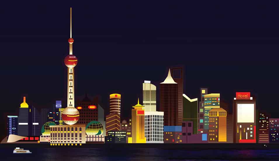 Illustration der Skyline von Shanghai vor schwarzem Hintergrund