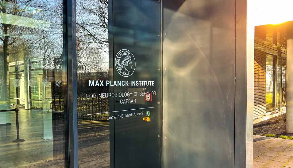 Foto der Eingangstür des neues MPINB in Bonn mit Aufdruck des Logos und des Namens