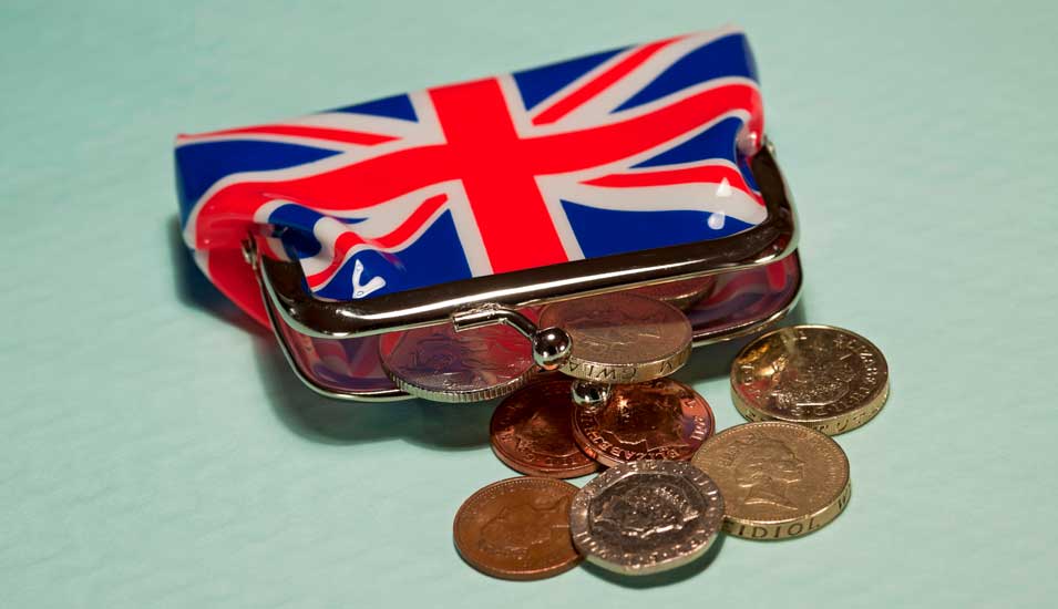 Geldbörse mit Union Jack und Pfundmünzen 