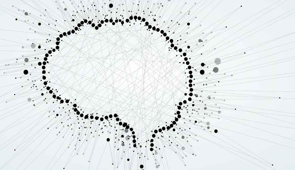 Abstrakte Dastellung einer Künstlichen Intelligenz durch vernetzte Datenpunkte, die die Form eines Gehirns bilden