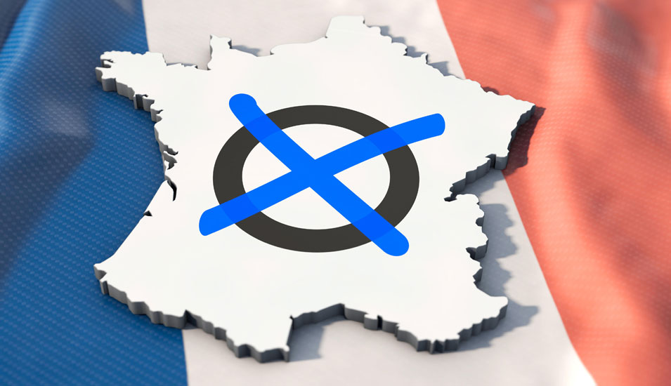 Illustration der Präsidentschaftswahl in Frankreich: Im Hintergrund die französische Fahne, davor die Umrisse des Landes und ein Wahlkreuz.