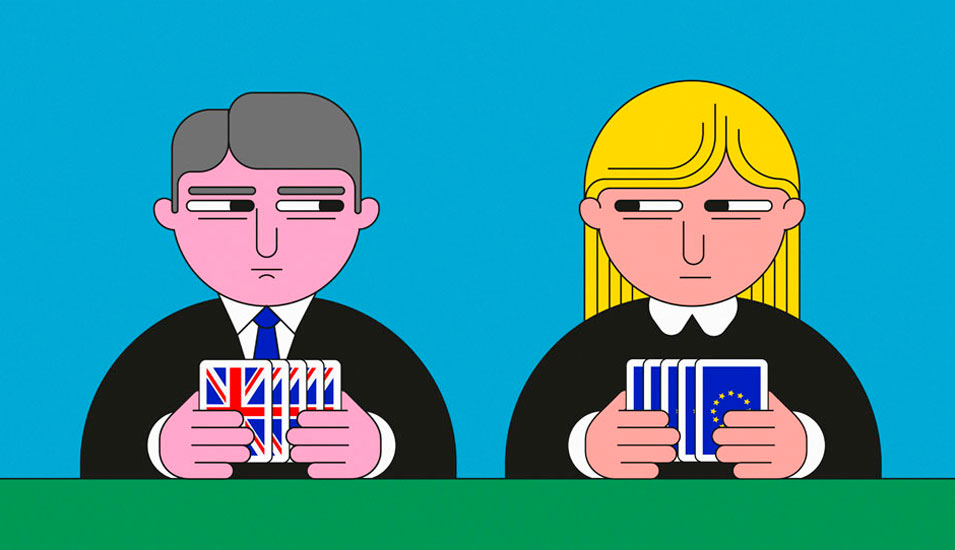 Illustration: Zwei Figuren sitzen nebeneinander und haben Spielkarten in der Hand. Auf der Rückseite der Karten ist in einem Fall die Flagge der EU, im anderen Fall des Vereinigten Königreichs abgebildet. Die Figuren schauen sich misstrauisch an.