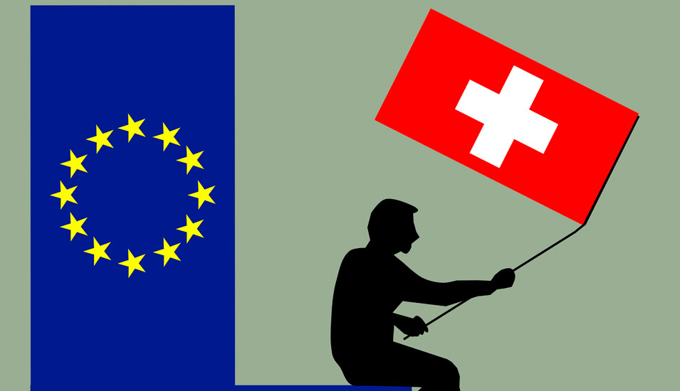 Illustration: Eine Figur kehrt der EU-Flagge den Rücken zu und schwenkt die Schweizer Fahne.