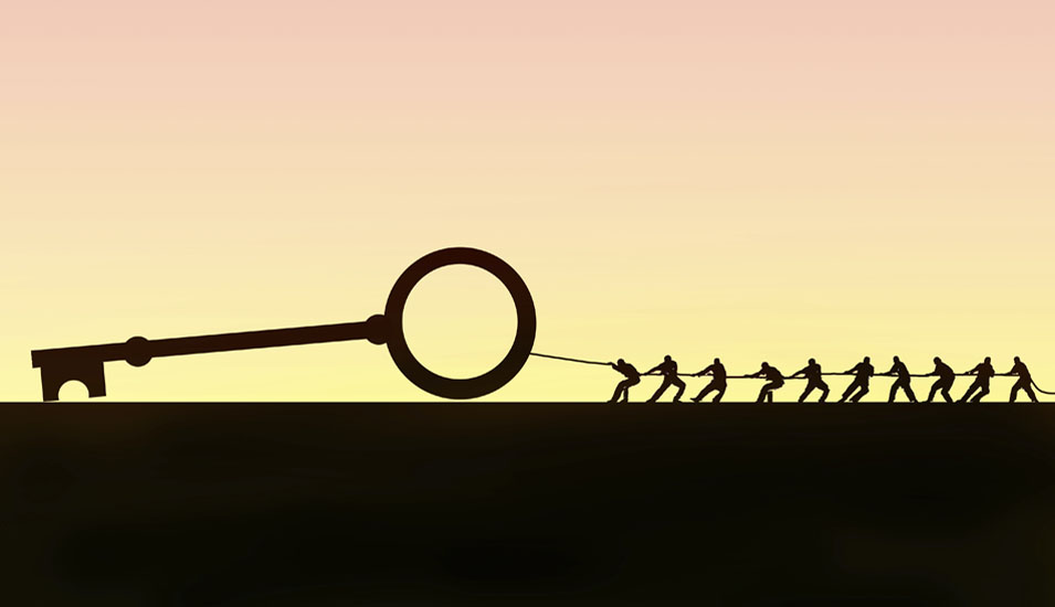 Illustration: Mehrere Menschen ziehen an einem gigantischen Schlüssel