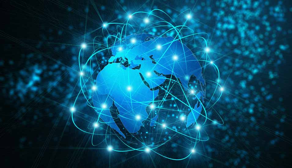 Symbolbild globaler Kommunikation und Technologie: Weltkugel mit zahlreichen Verbindungslinien runrum
