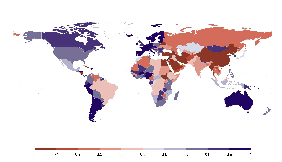 Weltkarte mit grafischer Darstellung des weltweiten Stands der Wissenschaftsfreiheit