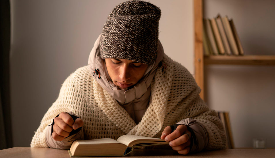 Ein junger Mann sitzt dick in Winterkleidung eingepackt am Tisch und liest frierend ein Buch. 
