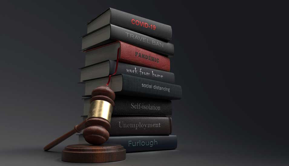 Verschiedene Lehrbücher zur "Covid-Gesetzgebung" neben einem Richterhammer