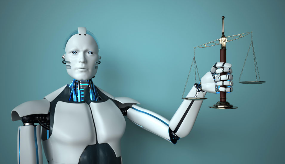 Ein humanoider Roboter hält die Waage der Gerechtigkeit.