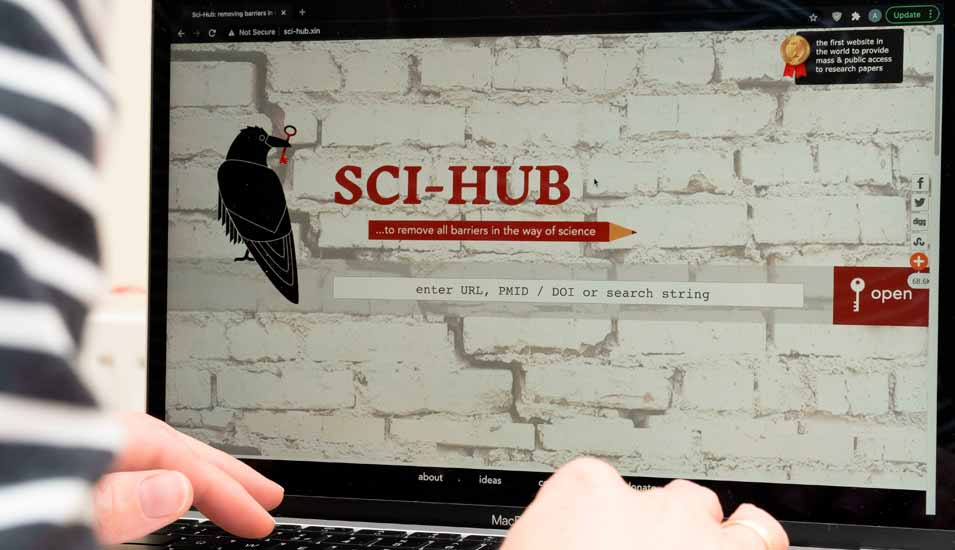Startseite der Webseite Sci-Hub auf einem Laptop