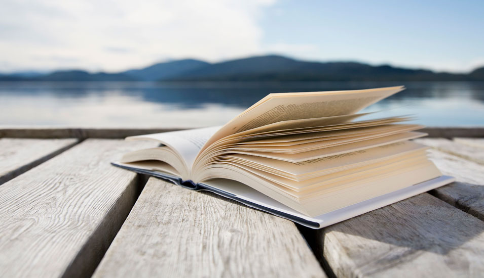 Ein Buch liegt auf einem Steg am See